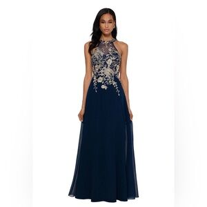 NWT CACHET PROM DRESS EMBROIDERED FLORAL HALTER GOWN. SIZE 6. NAVY/GOLD.